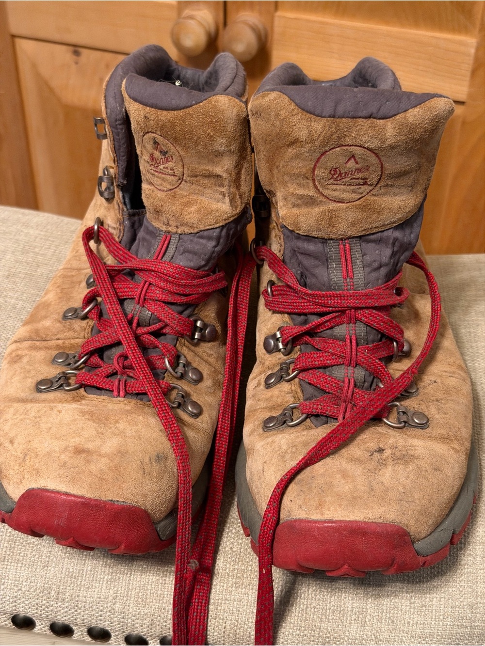 Danner Brown Suede Hiking Boots with Red Laces and Red Outsole